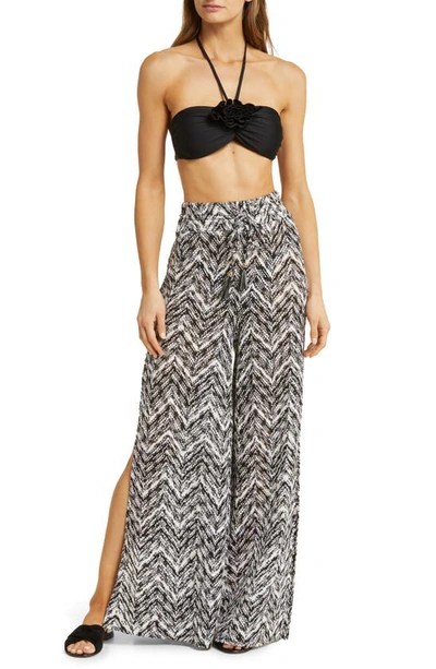 Ramy Brook Taytum Open Stitch Wide Leg Cover-up Trousers In Black Spacedye Chevron Knit