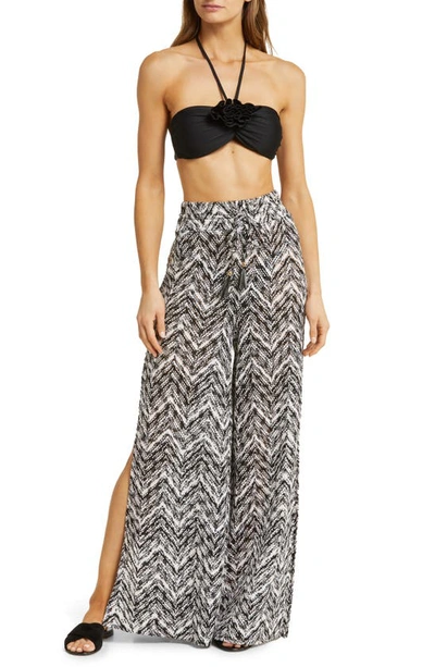 Ramy Brook Taytum Open Stitch Wide Leg Cover-up Pants In Black Spacedye Chevron Knit