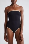 Totême Stripe Edge Strapless Swimsuit Black In Black