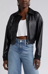 Open Edit Faux Leather Crop Bomber Jacket In Black