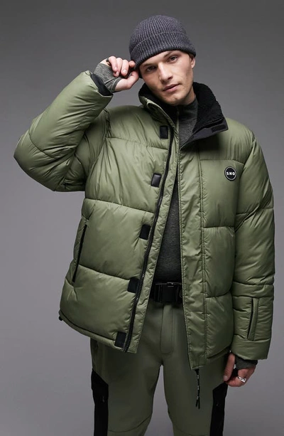 Topman Sno Hooded Puffer Jacket In Khaki-white