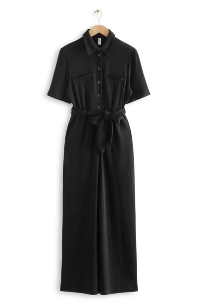 & Other Stories Belted Wide Leg Knit Jumpsuit In Black Dark