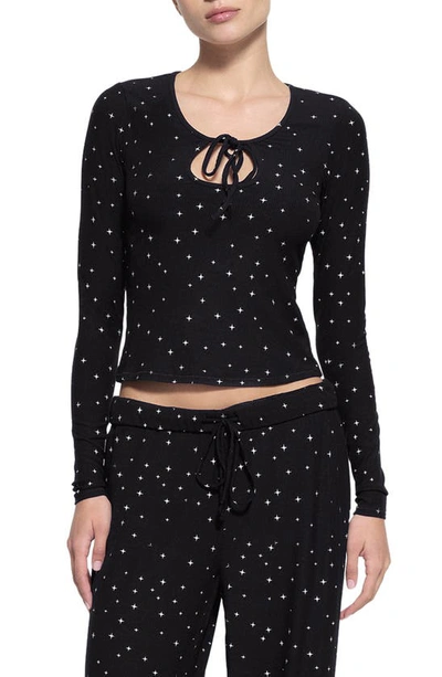 Skims Star Print Tie Front Long Sleeve Rib Pajama Top In Onyx Sparkle Print