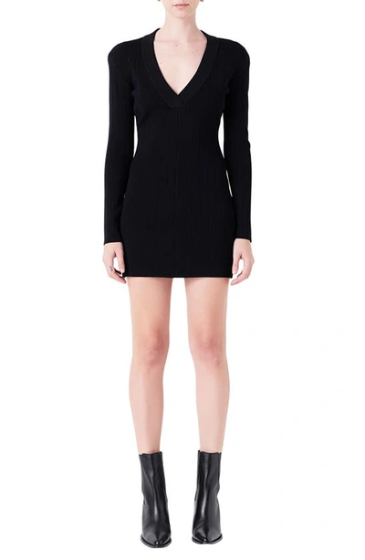 Grey Lab Power Shoulder Long Sleeve Knit Minidress In Black