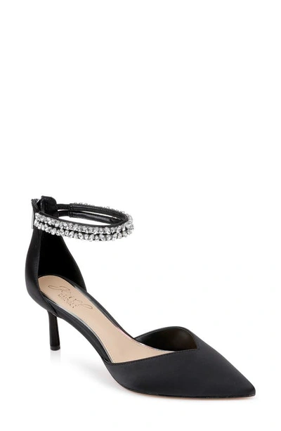 Jewel Badgley Mischka Maya Ankle Strap Pointed Toe Pump In Black Satin