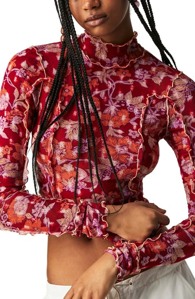 Free People Charlie Print Turtleneck Mesh Top In Red Combo