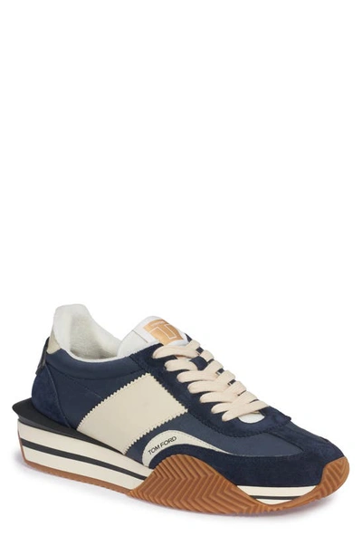 Tom Ford James Mixed Media Low Top Sneaker In Ebony/ Ivory / Cream