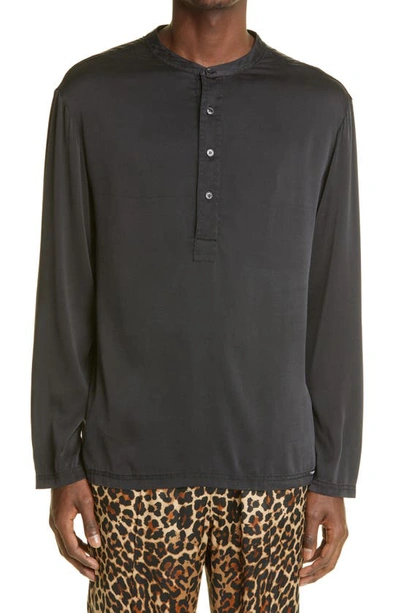 Tom Ford Grandad-collar Washed Stretch-silk Satin Henley Pyjama Shirt In Brown