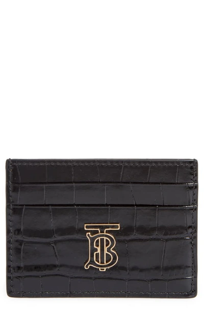Burberry Tb Monogram Croc Embossed Leather Card Case In Black