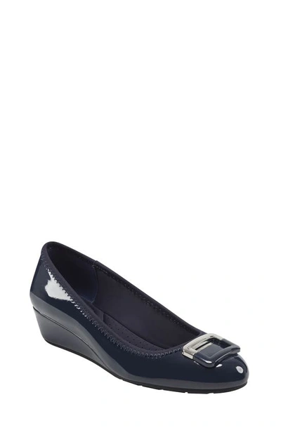 Bandolino Tad Buckle Wedge Flat In Navy Blue Patent