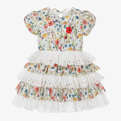 Selini Action Babies' Girls White Tiered Floral Ruffle Dress