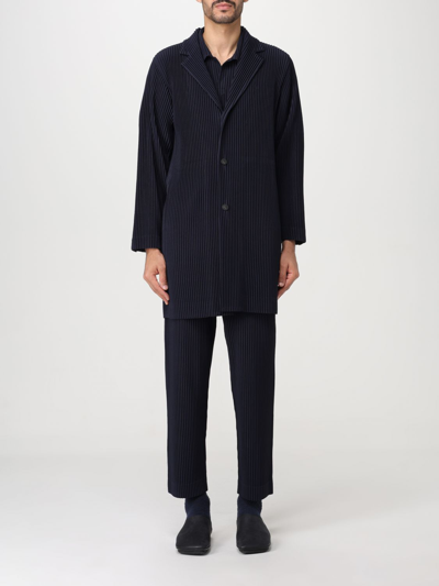 Issey Miyake Pleated Single-breasted Coat In Blue