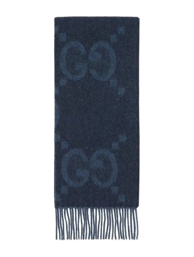 Gucci Gg-pattern Fringed Scarf In Blue