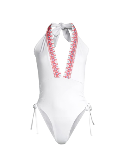 Ramy Brook Simone Embroidered Halter Plunge One-piece Swimsuit In White Multi Combo