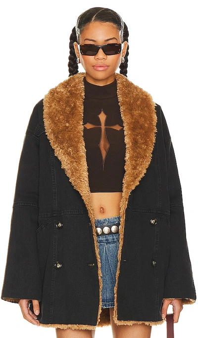 Still Here Upstate Reversible Faux-shearling Coat In Washed Black
