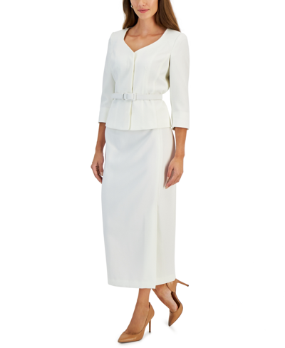 Le Suit Women's 3/4-sleeve Belted Jacket & Midi Skirt In Vanilla Ice