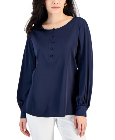 Jm Collection Petite Satin Button-up Blouse, Created For Macy's In Intrepid Blue