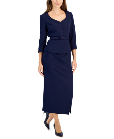 Le Suit Women's 3/4-sleeve Belted Jacket & Midi Skirt In Bright Navy