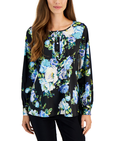Jm Collection Women's Claudia Rose Printed Top, Created For Macy's In Deep Black Combo
