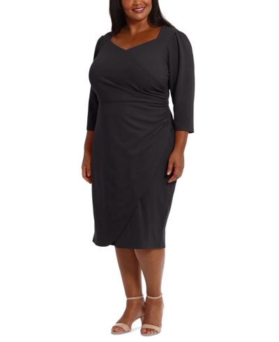 London Times Plus Size Ruched Midi Dress In Black