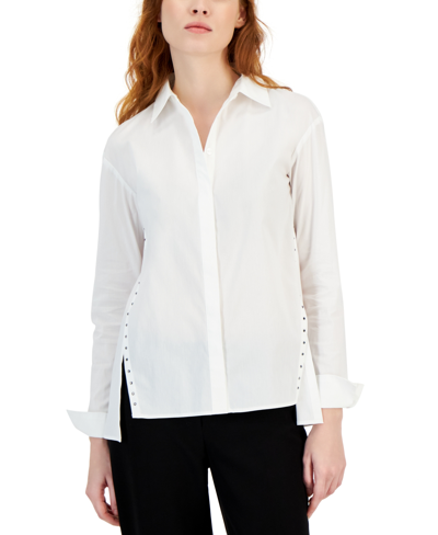 Anne Klein Women's Rhinestone-trim Step-hem Shirt In Anne White