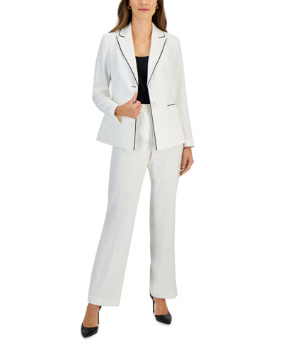 Le Suit Women's Contrast Trim Two-button Jacket & Mid Rise Pant Suit In Vanilla Ice,black