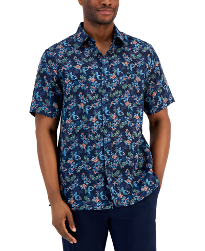 Club Room Men's Lance Floral Print Short-sleeve Button-down Linen Shirt, Created For Macy's In Navy Blue