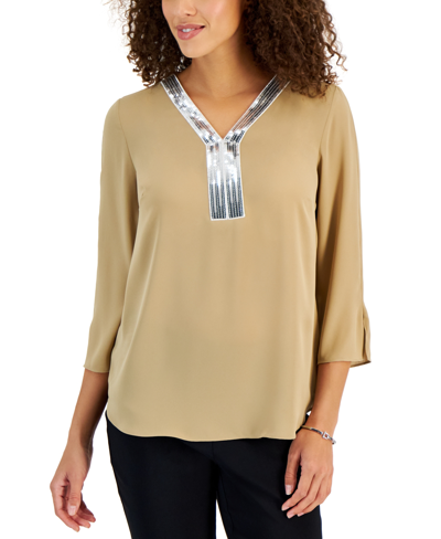 Jm Collection Women's Sequin-trim 3/4-sleeve Tunic, Created For Macy's In New Fawn