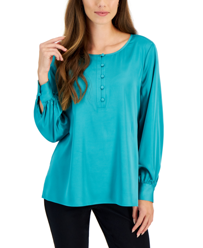 Jm Collection Petite Satin Button-up Blouse, Created For Macy's In Seascape