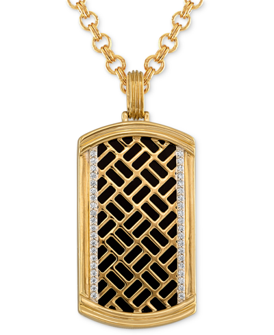 Esquire Men's Jewelry Onyx & Diamond (1/4 Ct. T.w.) Brick Pattern Dog Tag 22" Pendant Necklace In 14k Gold-plated Sterling In Gold Over Silver