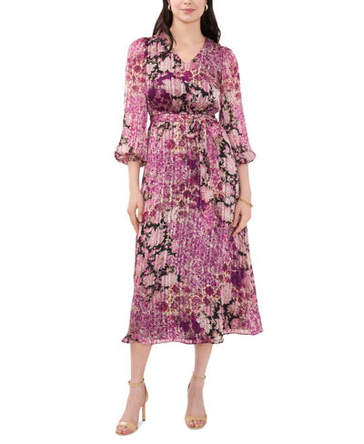 Msk Petite Printed Belted Midi Dress In Purple Multi