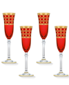 LORREN HOME TRENDS DEEP RED COLORED CHAMPAGNE FLUTES WITH GOLD-TONE RINGS, SET OF 4