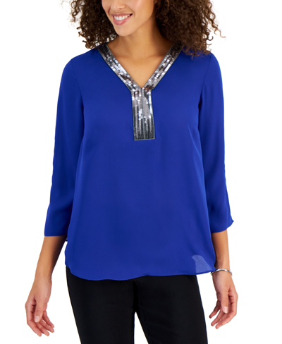 Jm Collection Women's Sequin-trim 3/4-sleeve Tunic, Created For Macy's In Modern Blue