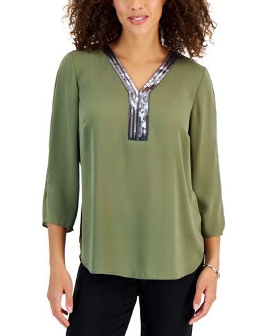 Jm Collection Women's Sequin-trim 3/4-sleeve Tunic, Created For Macy's In Tarnished Stem