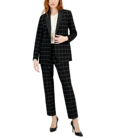 Anne Klein Womens Mid Rise Grace Pants Pleated Harmony Knit Top Plaid One Button Blazer In Anne Black,bright White