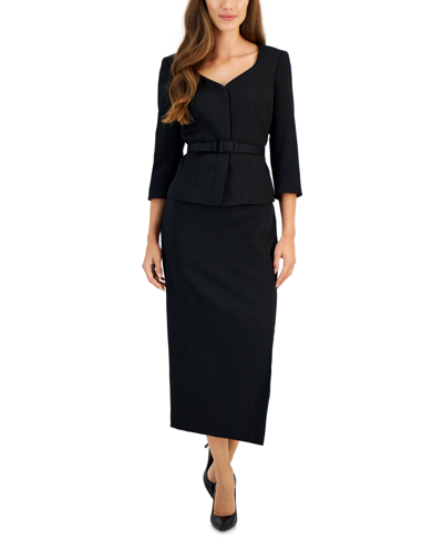 Le Suit Women's 3/4-sleeve Belted Jacket & Midi Skirt In Black