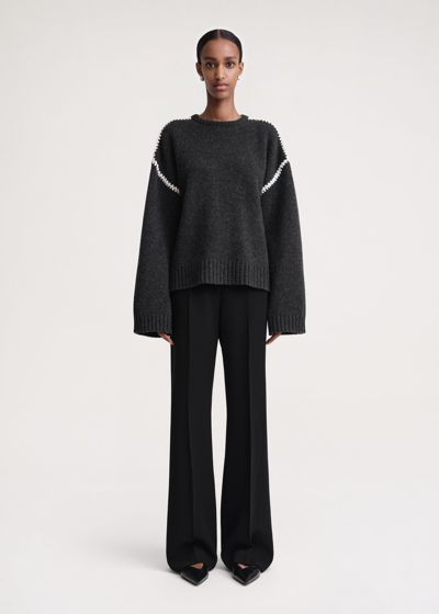 TOTÊME EMBROIDERED WOOL CASHMERE KNIT GREY MELANGE