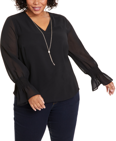 Jm Collection Plus Size Smocked-sleeve Necklace Top, Created For Macy's In Deep Black