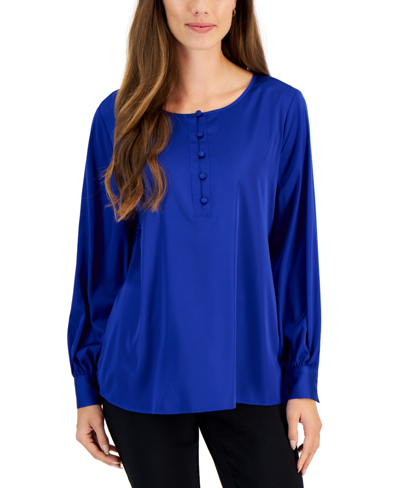 Jm Collection Petite Satin Button-up Blouse, Created For Macy's In Modern Blue