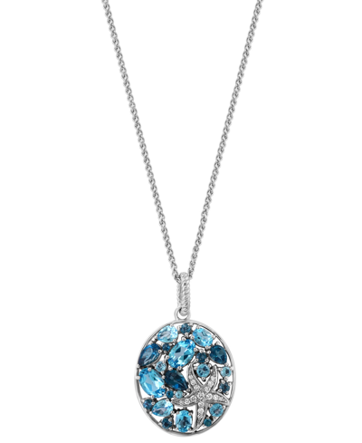 Effy Collection Effy Blue Topaz (3-3/8 Ct. T.w.) & Diamond (1/10 Ct. T.w.) Cluster 18" Pendant Necklace In Sterling In Sterling Silver