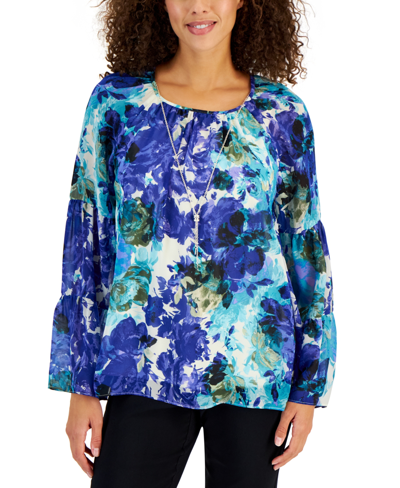 Jm Collection Claudette Rose-print Tiered-sleeve Necklace Top, Created For Macy's In Modern Blue Combo