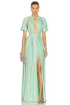 AREA CRYSTAL EMBELLISHED FLUTTER SLEEVE GOWN