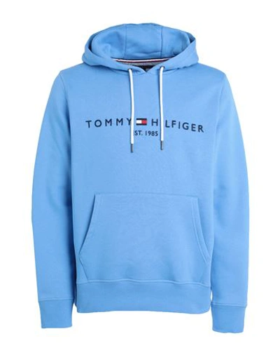 Tommy Hilfiger Tommy Logo Hoody Man Sweatshirt Azure Size L Cotton, Polyester In Blue