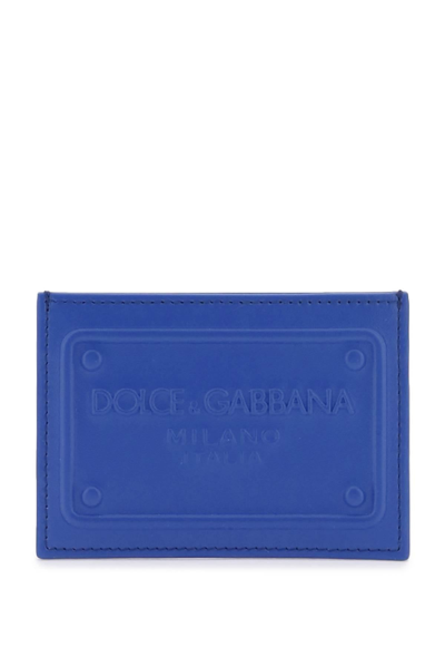 Dolce & Gabbana Embossed Logo Leather Cardholder In Blue