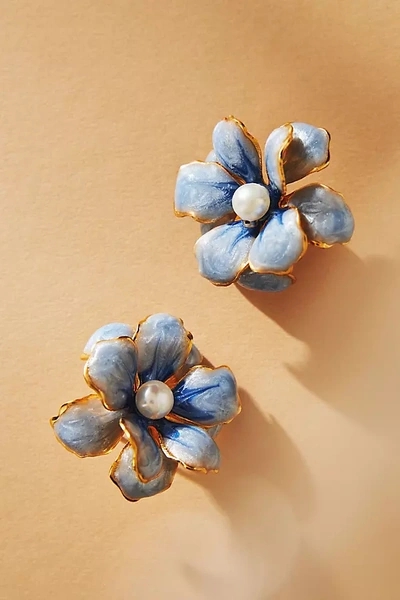 The Pink Reef Handpainted Floral Post Earrings In Blue