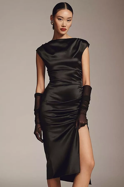 Bhldn Francesca High-neck Stretch Satin Midi Dress In Black