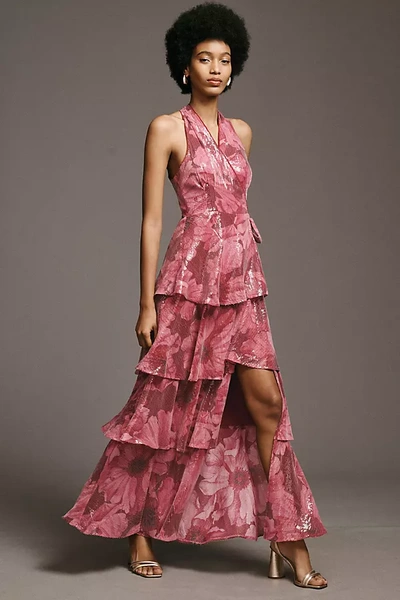 Hutch Paige Sleeveless Halter Sequin Printed Tiered Wrap Maxi Dress In Pink