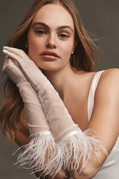 Audrey Adele Faux Feather-trimmed Gloves In White