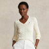 Polo Ralph Lauren Kimberly Icon Logo Pima Cotton Cable Knit V-neck Sweater In Cream
