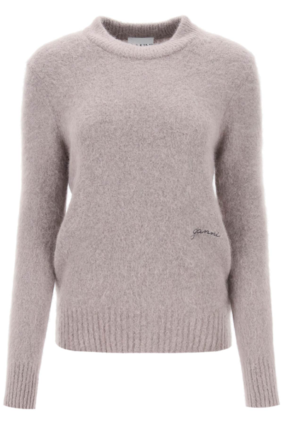 Ganni Crewneck Brushed Alpaca Sweater In Grey